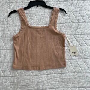 ANA A New Approach Maple Sugar Ribbed Lace Trim Square Neck Tank Top Small NWT